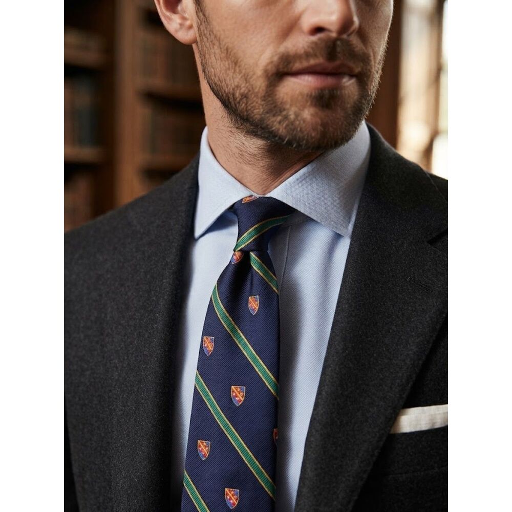 Ralph Lauren Silk Tie Blue Crest Ivy League Shield Crest Lion Logo USA By Hand